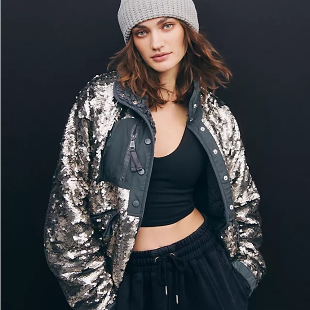 Free People Hit The Slopes Jacket Sequin Fleece FP Movement Coat Size XL